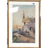 E.J. HALL Mousehole Harbour Watercolour Signed 37.5 x 22.5cm