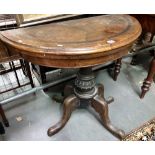 Victorian walnut veneered inlaid demi-lune pedestal card table with four outswept feet, width 90cm.