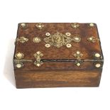A Victorian burr veneered hinge lidded box, the lid with brass and mother of pearl applied
