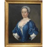 18th Century English School Portrait of a lady in a blue dress Oil on canvas 73 x 59.5cm