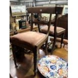 Set of six early Victorian mahogany dining chairs with carved mid rail over an upholstered drop in
