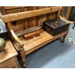 Victorian pine bench with turned forelegs, width 124cm.