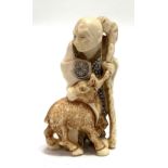 A Japanese Meiji period ivory netsuke carved as a sage with beer, signed, height 6cm.