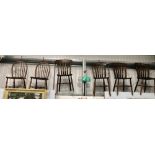 Set of four elm seat lath back kitchen chairs; together with a pair of hoop and stick back kitchen