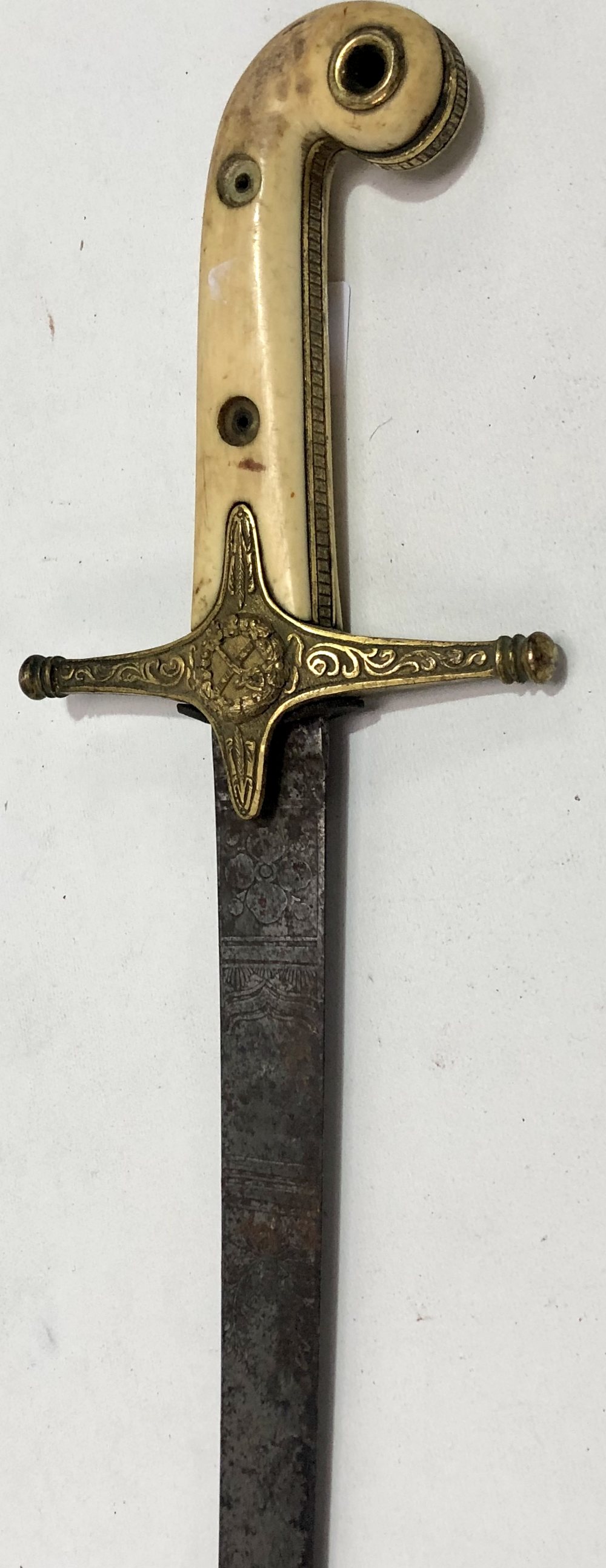 19th Century ivory handled Mameluke sword with etched blade & VR monogram, length 89cm - Image 2 of 4