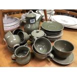 Crowan Pottery porcelain celadon glazed tea wares comprising coffee pot, lidded cream jug, sugar