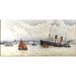 ROBERTS HOLLANDS WALKER (act. 1892-1920) A Busy Harbour Watercolour Signed 18 x 37cm