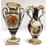 Two 19th century English floral painted twin handled vases, the largest height 26cm.