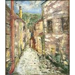 Water Lane Polperro Oil on board Inscribed Leach and dated 1965 to reverse 30.5 x 25.