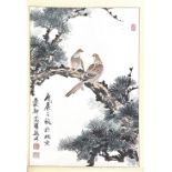 Four Chinese watercolour and ink brush scrolls, each decorated with birds amongst foliage. Each