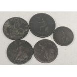 Two George II half pennies, 1720 & 1744; together with two George III half pennies & a George III