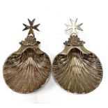 A pair of Maltese Cutajar Works silver plated pair of scallop shell dishes, the handles formed as