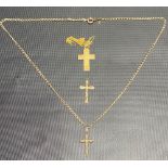 Three 9ct gold cross pendants, two with chains, weight 5.1g approx.