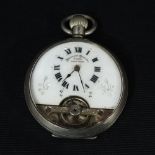A Swiss silver crown wind pocket watch, the dial with visable escapement, signed HEBDOMAS PATENT,