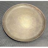 Continental white metal circular card tray, raised on three ball feet, indistinct marks, diameter