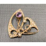 Art Nouveau 9ct gold amethyst and seed pearl set openwork brooch, weight 2.7g approx.