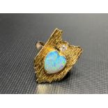 Good mid Century 18ct gold opal and diamond set ring, the heart shaped blue opal showing blue, green