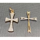Two 9ct gold cross pendants, one set with small diamonds, weight 2.4g approx.
