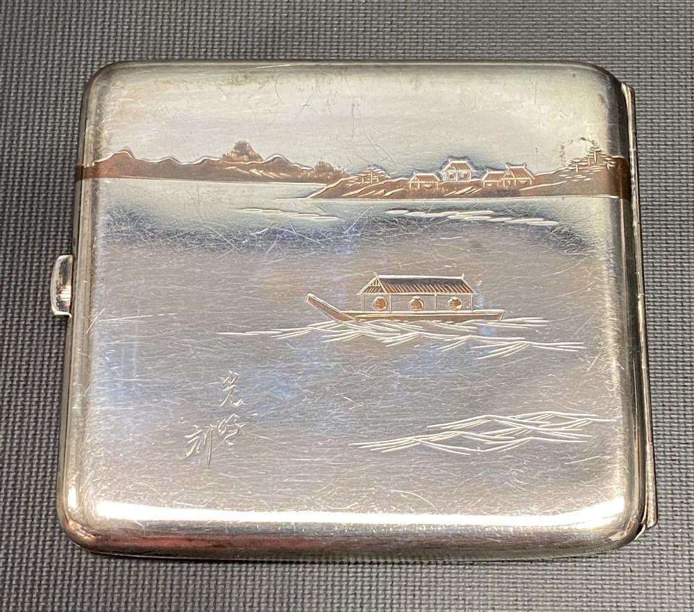 1920's Japanese white metal oxidised silver, copper & gold decorated cigarette case stamped K. Uyeda - Image 2 of 4
