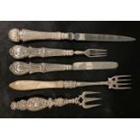 Victorian silver fruit knife and fork with weighted handles, Sheffield 1870; together with a