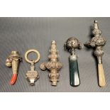 Five antique silver child's rattles, all AF