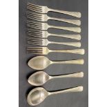 Set of six George V silver forks by Elkington & Co. together with a pair of dessert spoons and a