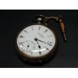 Silver cased Waltham pocket watch, the 44mm white enamel dial with Arabic and Roman Numerals and