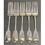 George III Irish silver set of five fiddle pattern table forks by Samuel Neville, Dublin 1815,