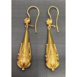 Pair of Etruscan revival gold filigree applied drop earrings, length of drop 34mm,