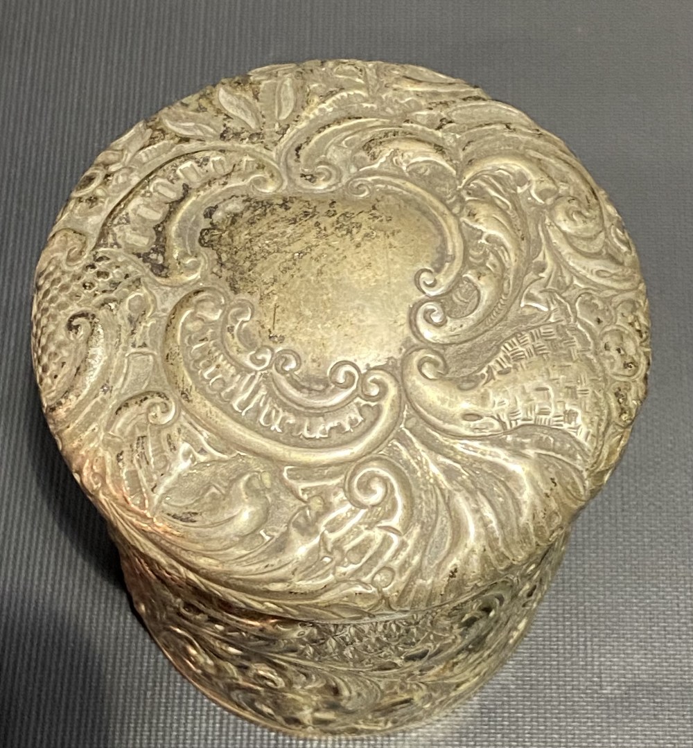 Victorian silver cylindrical lidded box, foliate scroll embossed and with a bird and serpent, - Image 4 of 4