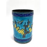 A Chinese silver and coloured enamel cylindrical brush pot, wire decorated in relief with blossoming