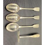 Set of three Victorian silver fiddle pattern tea spoons, London 1861; together with a George V