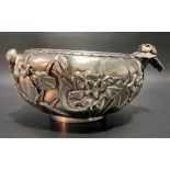 Japanese Bisansha silver double walled bowl decorated and applied with irises and leaves, the base