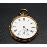 18ct gold cased crown wind pocket watch, the 32mm white enamel dial with black Roman Numerals and