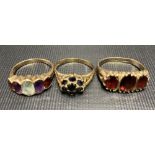 Three 9ct gold stone set rings, weight 8.7g approx.