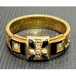 Victorian 15ct gold diamond set black enamel mourning ring, set with four small diamonds and two