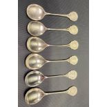 Set of six George V silver gold trophy spoons for Yarmouth and Caister Golf Club, two for