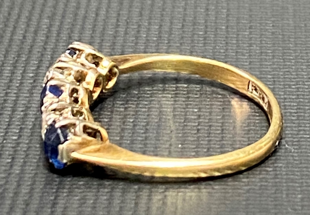 18ct gold and platinum five stone diamond and sapphire set ring, the two diamonds of 0.10ct spread - Image 2 of 3
