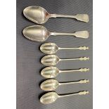 Set of five George V silver apostle tea spoons by Mappin & Webb, London 1930; together with a pair