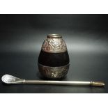 White metal mounted Yerba Mate with Bombilla straw with 18ct gold tip