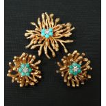 Mid Century yellow metal (test 9ct) diamond and turquoise set brooch with matching pair of earrings,