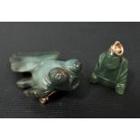 9ct gold and spinach green jade goldfish brooch together with a yellow metal mounted Buddha