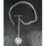 Silver graduated curb link Albert watch chain with hallmarked silver shield fob, length overall