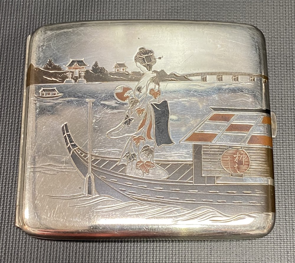 1920's Japanese white metal oxidised silver, copper & gold decorated cigarette case stamped K. Uyeda