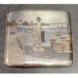 1920's Japanese white metal oxidised silver, copper & gold decorated cigarette case stamped K. Uyeda