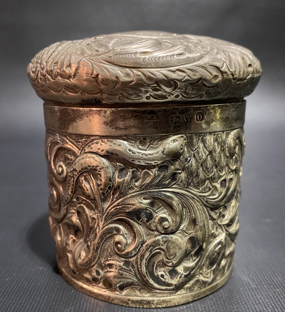 Victorian silver cylindrical lidded box, foliate scroll embossed and with a bird and serpent, - Image 3 of 4