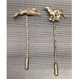 Two Harriet Glen silver tiepins, one with leaping hare finial, the other a running greyhound, and