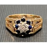 9ct hallmarked gold diamond and sapphire cluster ring, weight 3.9g approx.