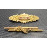 Victorian 9ct gold diamond and ruby set three stone brooch, with glazed panel to the back, stamped