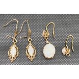 Opal and diamond chip set 18ct gold drop earring; together with a pair of 9ct gold opal set drop